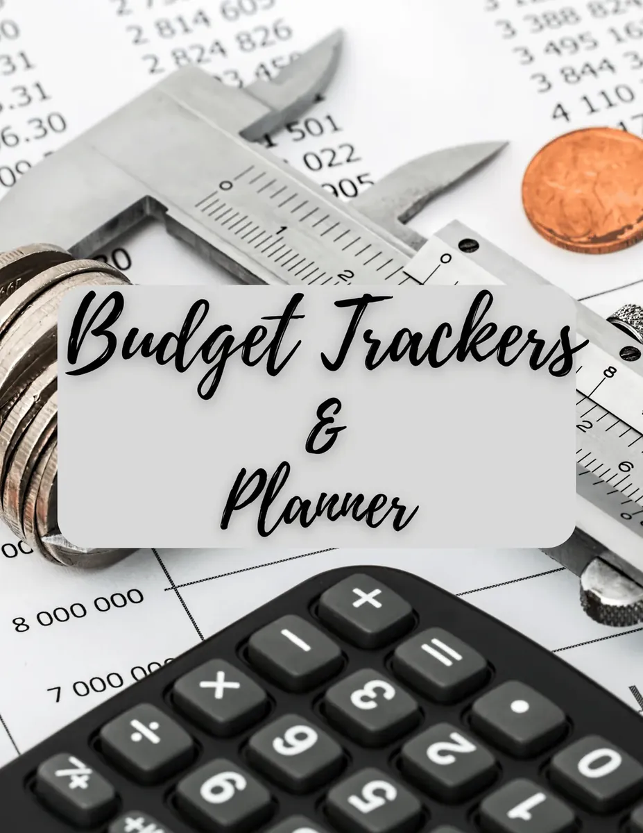 Budget Trackers and Planner cover with calculator and financial papers