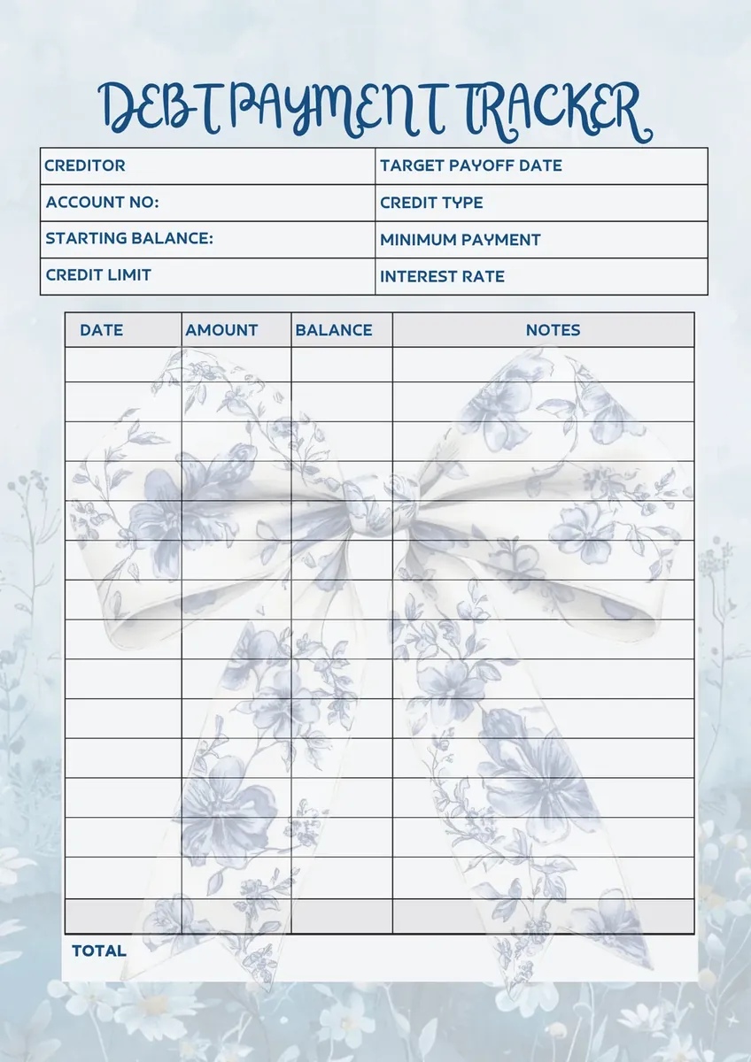 Debt repayment tracker page in the blue floral budget planner