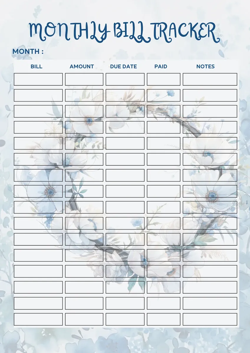 Monthly bill tracker page in the blue floral budget planner