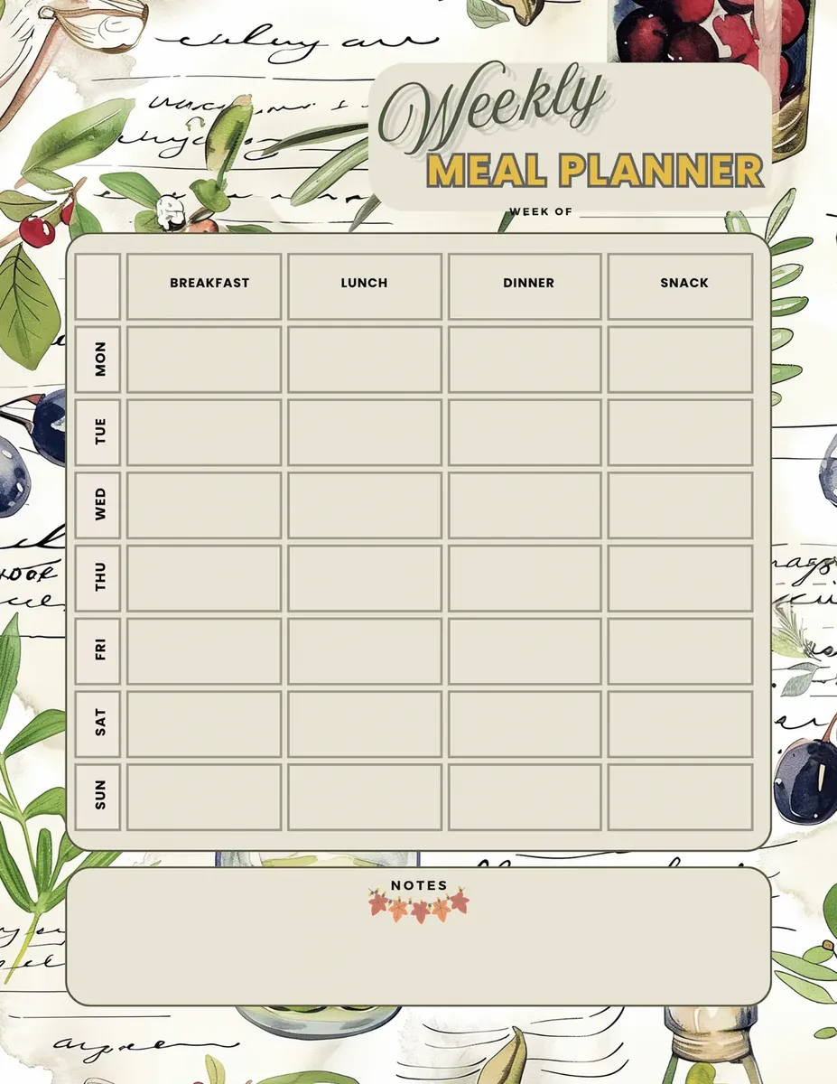 Botanical weekly meal planner page