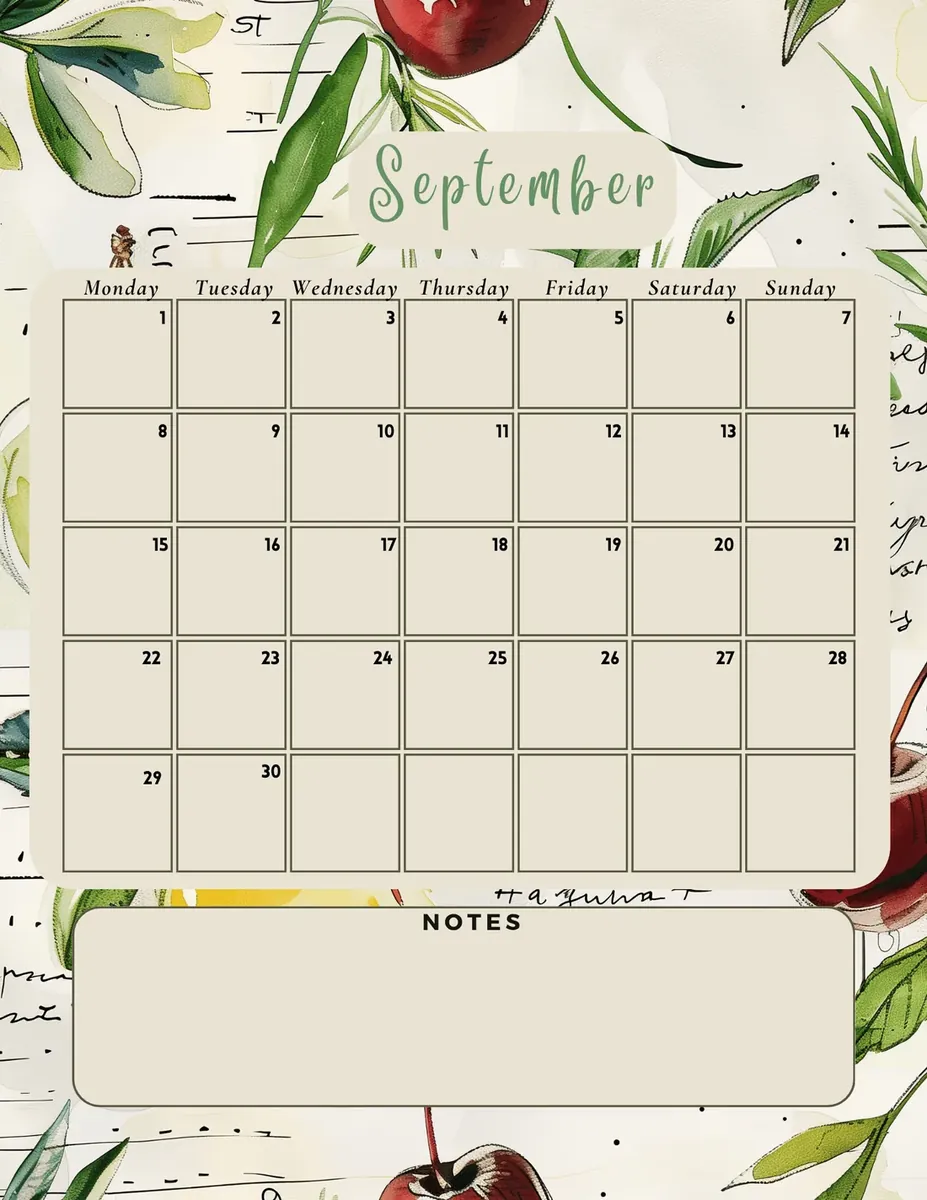 Botanical September monthly calendar page