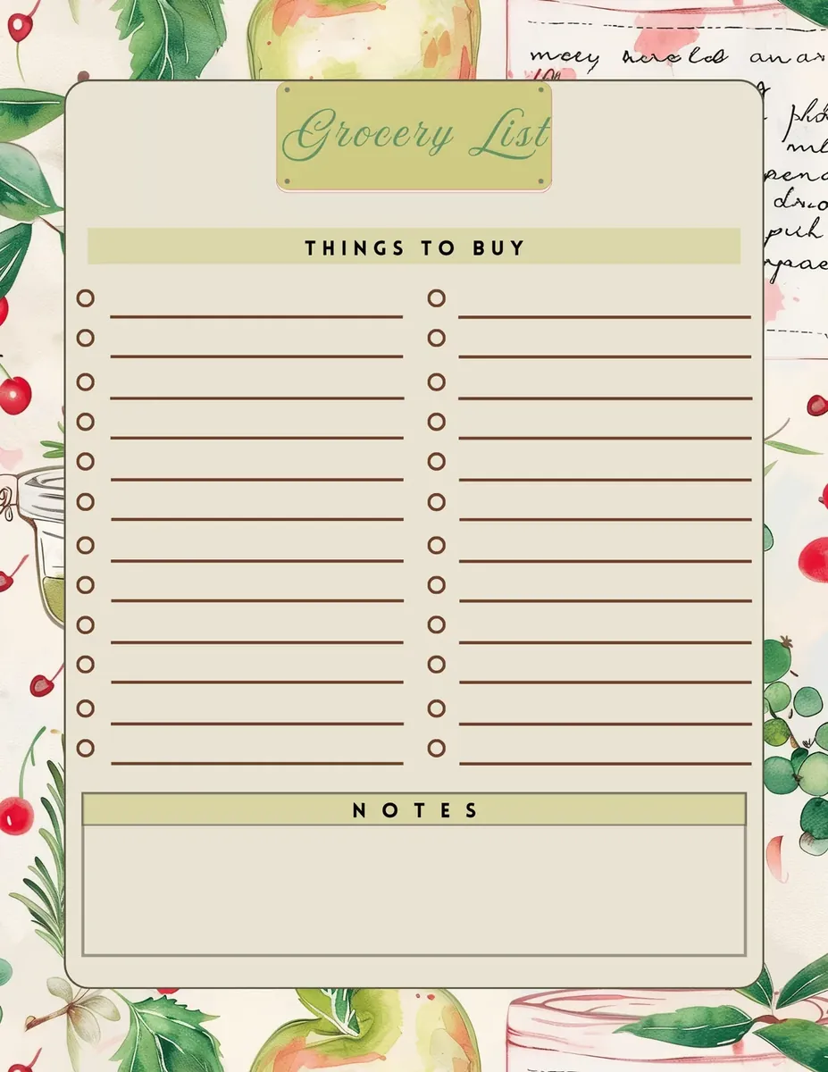 Greenery styled grocery list with things to buy and notes sections