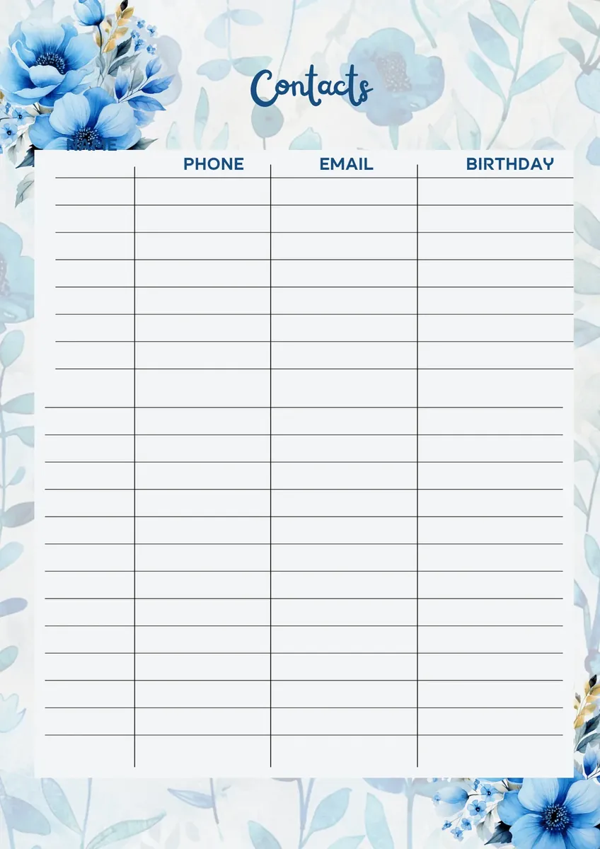 Contacts page in the blue floral planner style