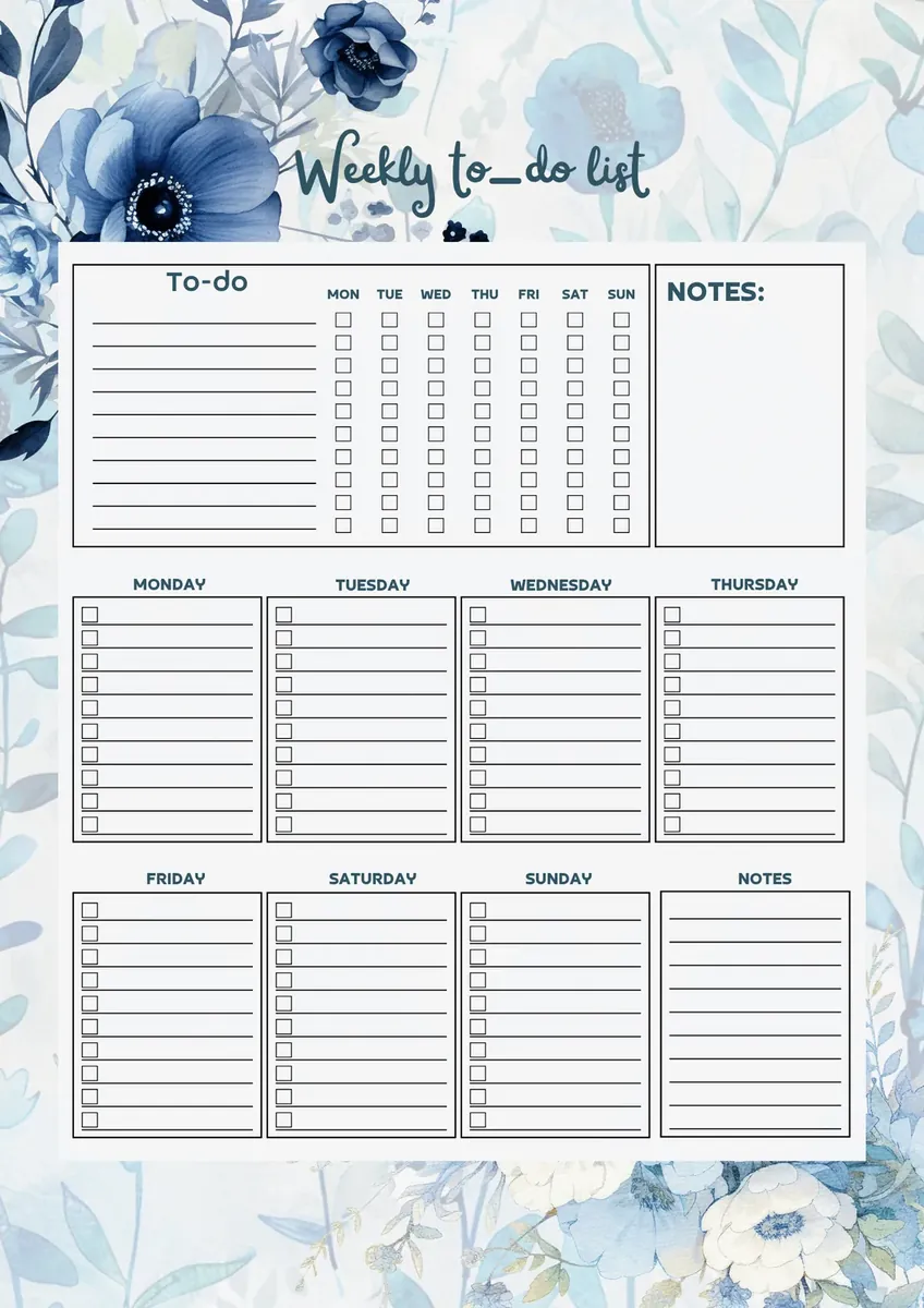 Goals, to-do list, notes and meal planner page in blue floral style