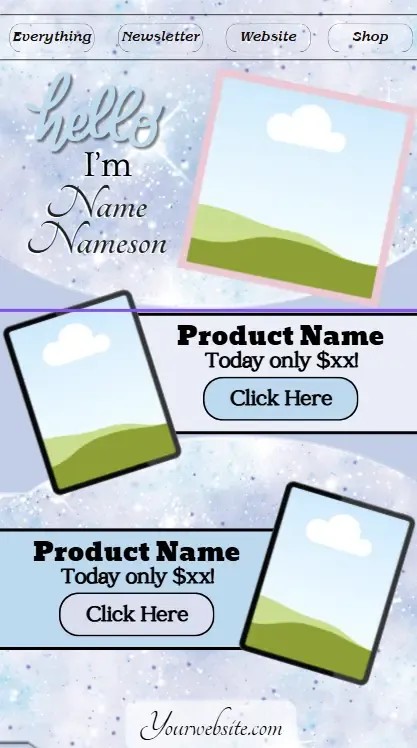 Product-focused blue and pink link-in-bio Canva template