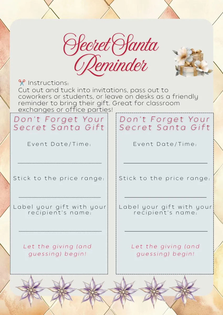Two printable Secret Santa reminder cards