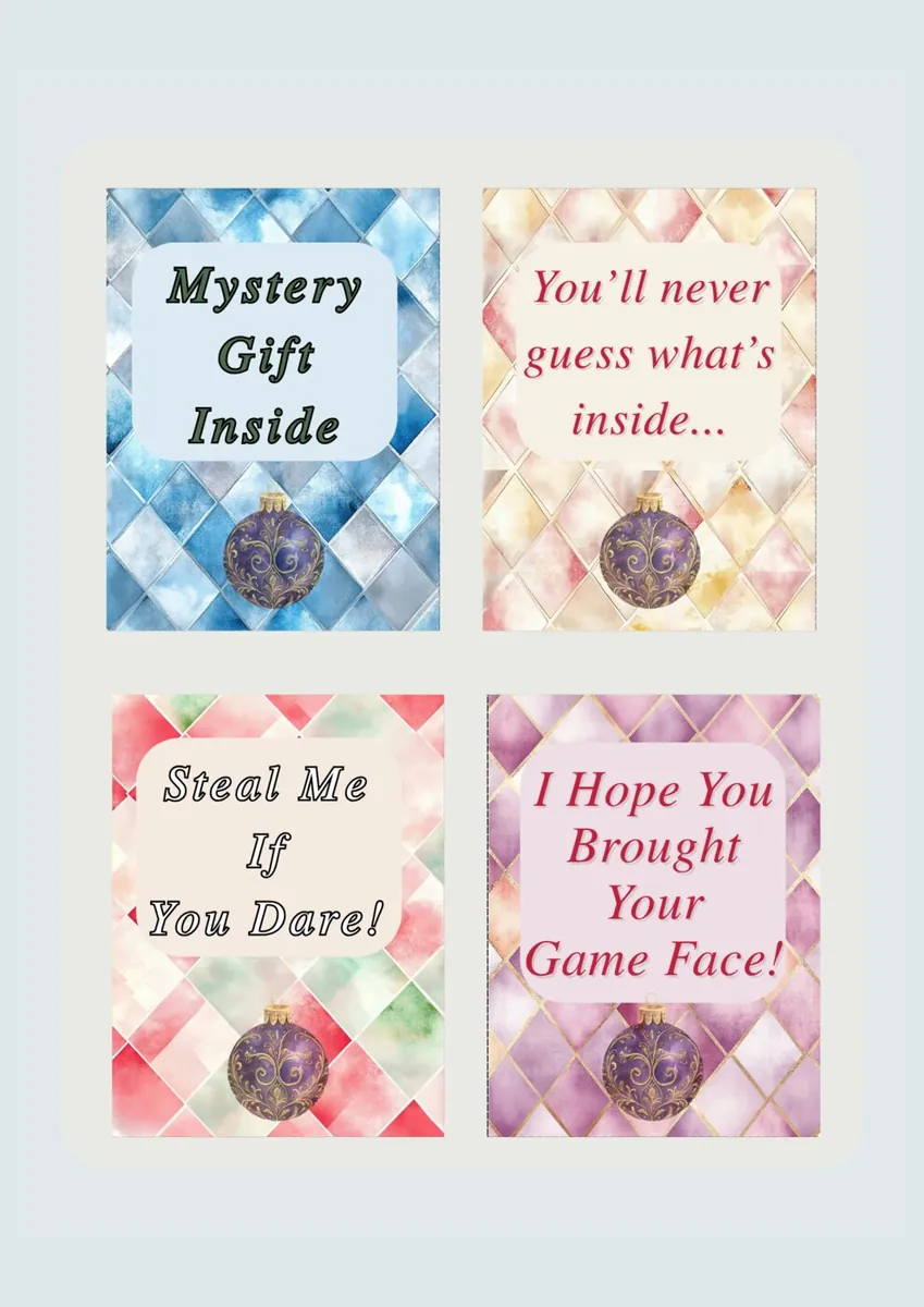 Four large mystery gift exchange reminder cards