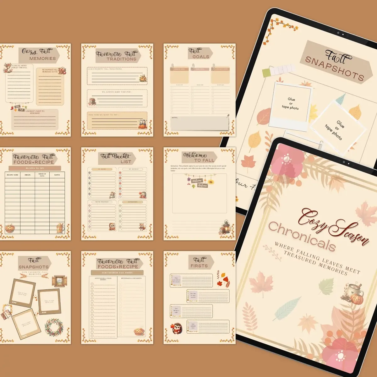 Cozy Season Chronicles PLR autumn planner shown across tablet and printable page mockups