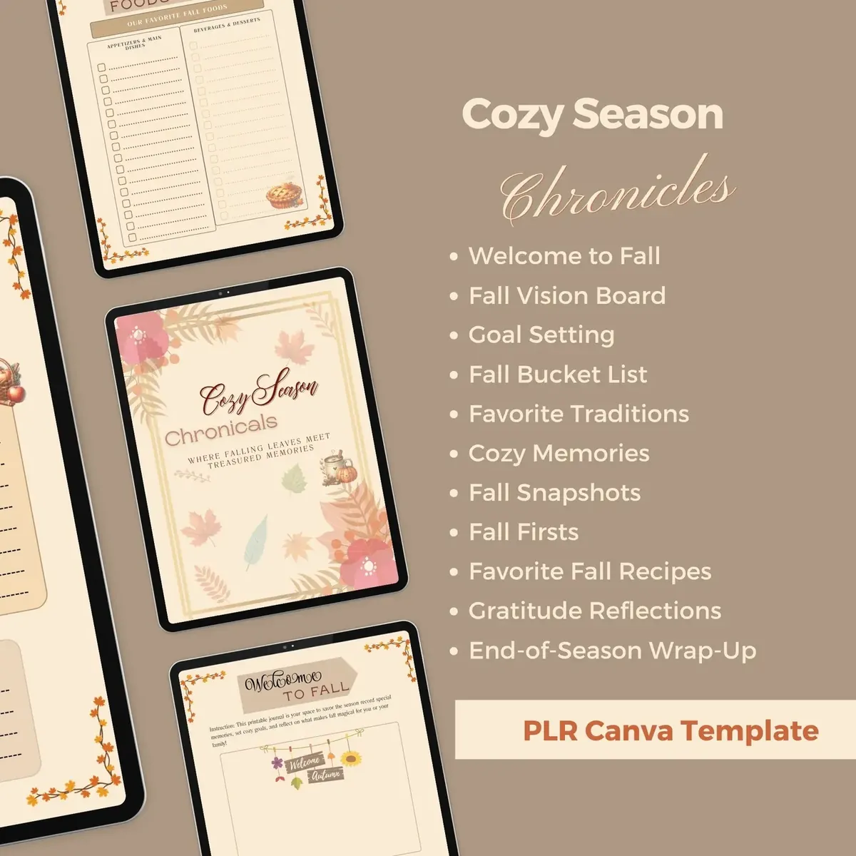 Overview of the Cozy Season Chronicles contents and PLR Canva template