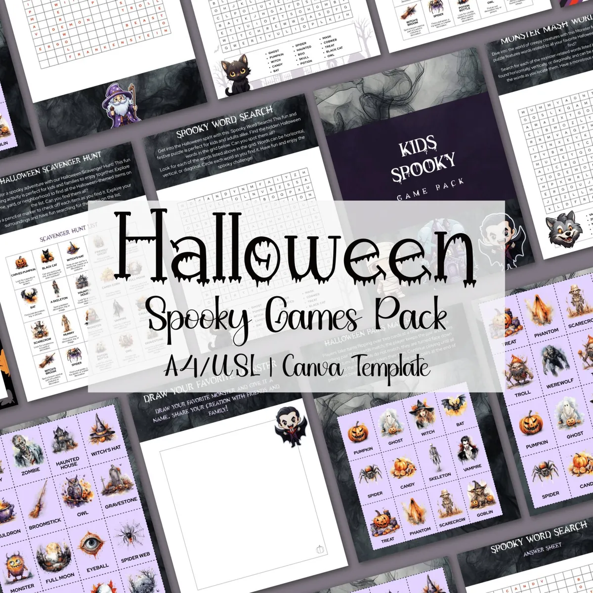 PLR Spooky Games Pack A4 and US Letter Canva template mock-up