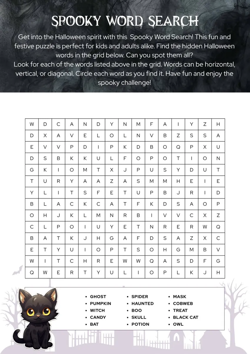 Spooky Halloween word-search activity page