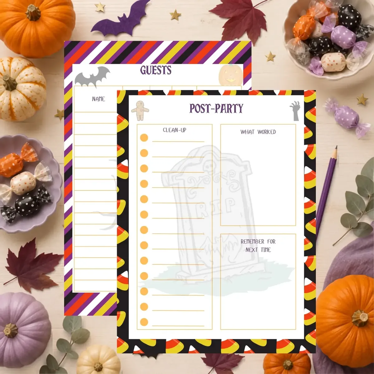 Selection of Halloween Party Planner pages arranged in an autumn party mockup