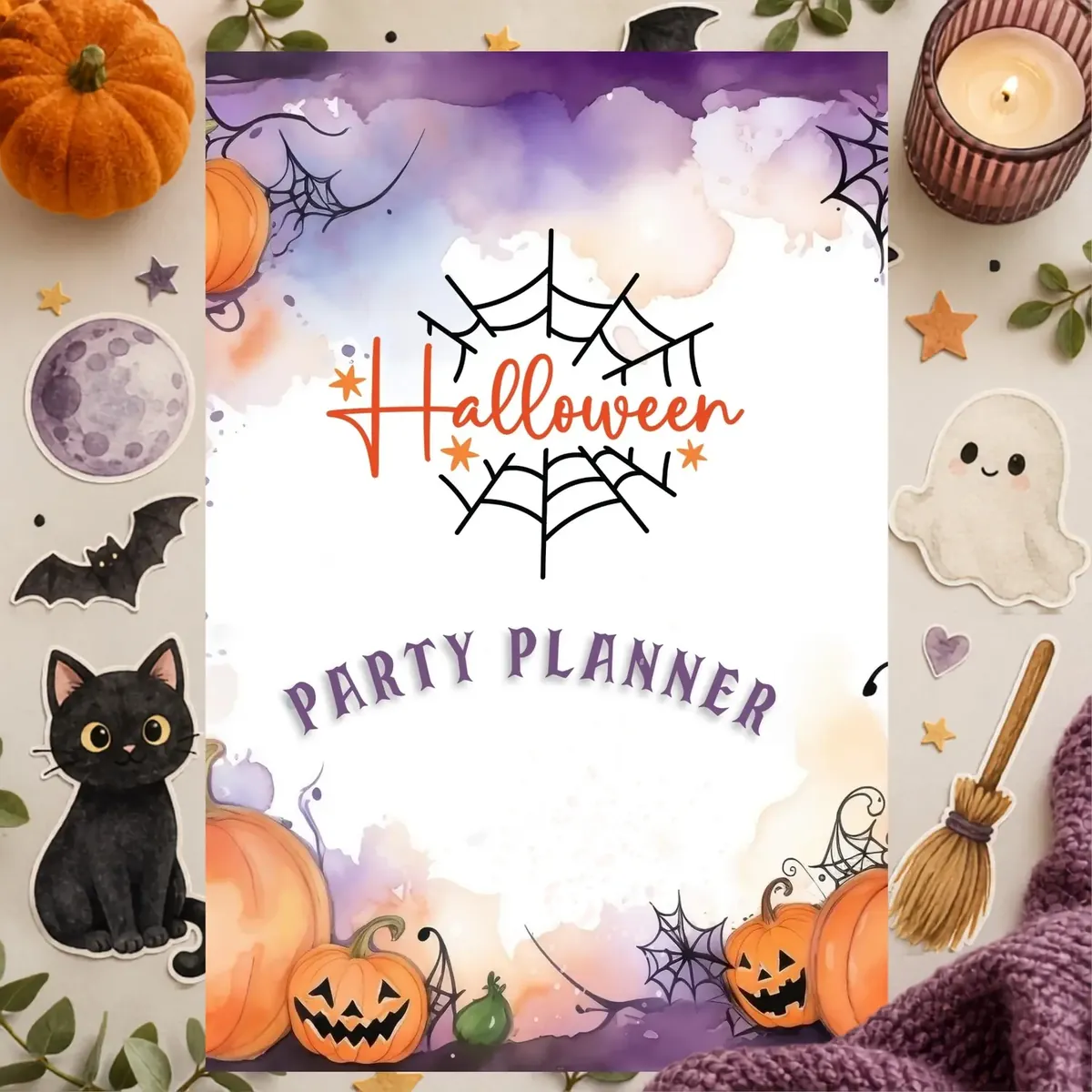 Halloween Party Planner PLR cover displayed in a festive autumn mockup