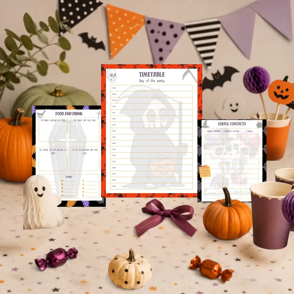 Halloween planner pages displayed with pumpkins, bunting and party decorations