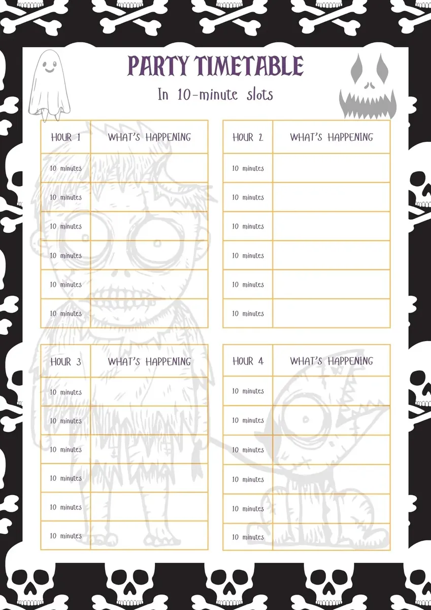 Halloween party timetable divided into ten-minute slots