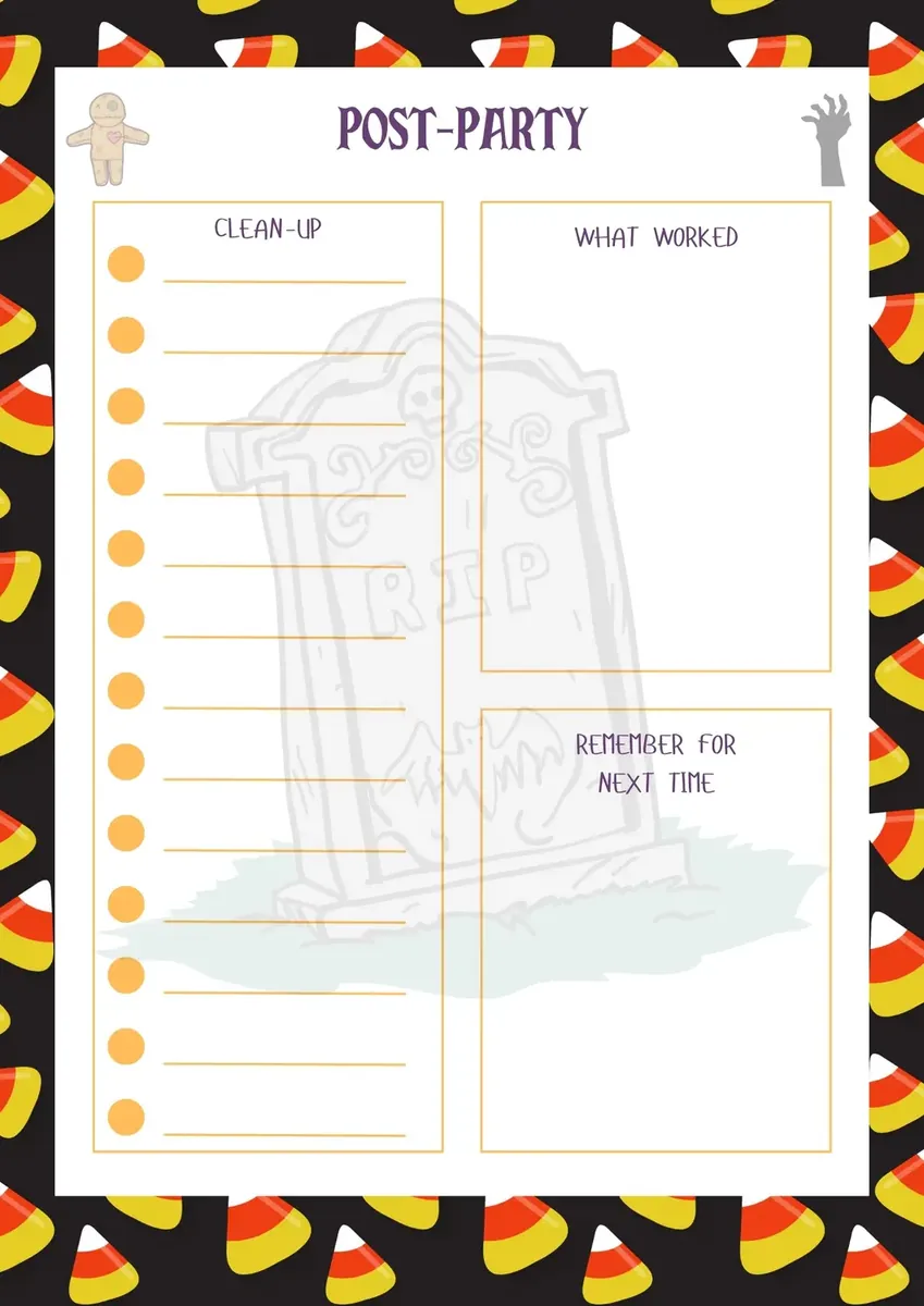 Halloween post-party notes and clean-up page
